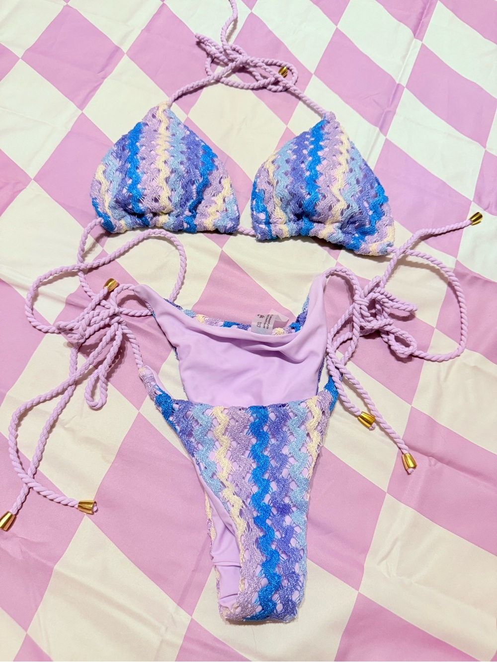 Lavender Multicolor Zigzag Crochet Bikini Set Size Small - Picture 2 of 9